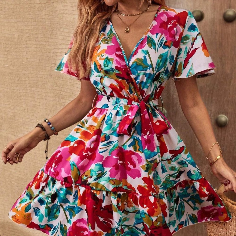 Multicolor Boho Womens Floral Print Butterfly Sleeve Ruffle Hem Belted Dress - Picture 4 of 5